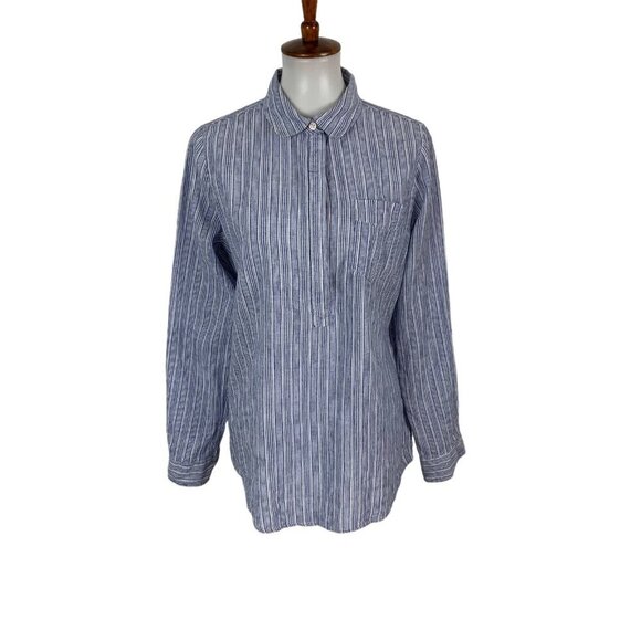 Per Se Blue Linen Blend Long Sleeve Top Medium Lightweight Popover - Picture 1 of 6